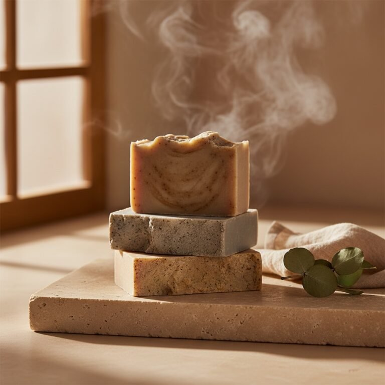 Handcrafted beldi soap bars stacked on limestone with eucalyptus and soft hammam steam
