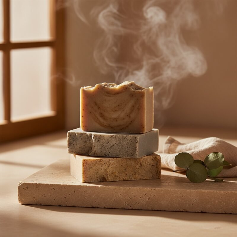 Handcrafted beldi soap bars stacked on limestone with eucalyptus and soft hammam steam