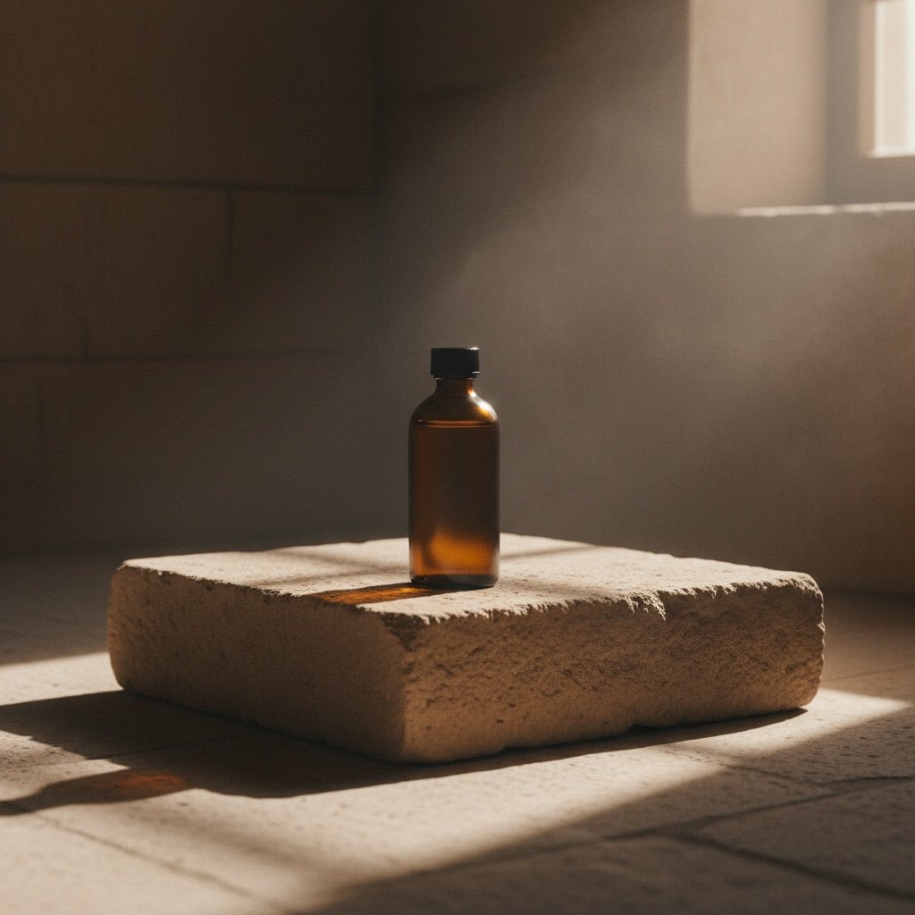 Amber apothecary bottle on warm limestone in soft directional hammam light