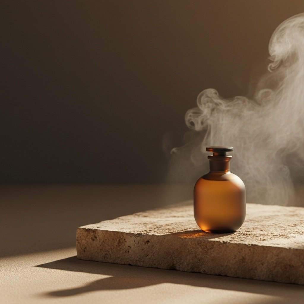 Amber apothecary skincare bottle on warm limestone, soft hammam steam and golden morning light