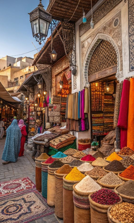 Moroccan souk with colorful spices and traditional architecture