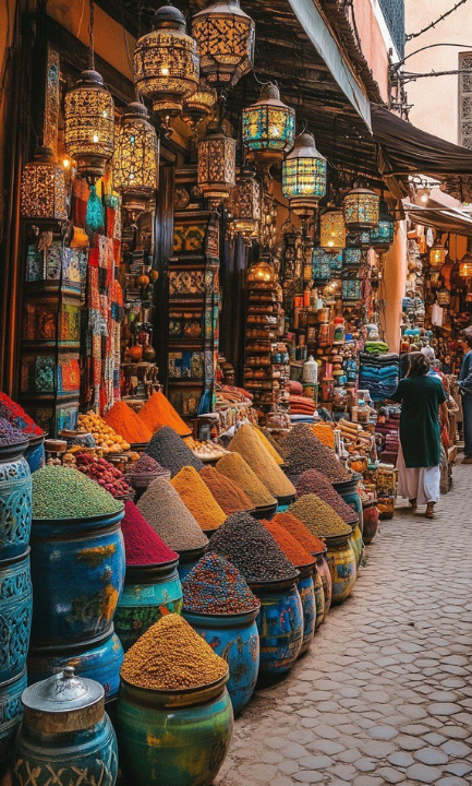 Moroccan spice market with traditional lanterns
