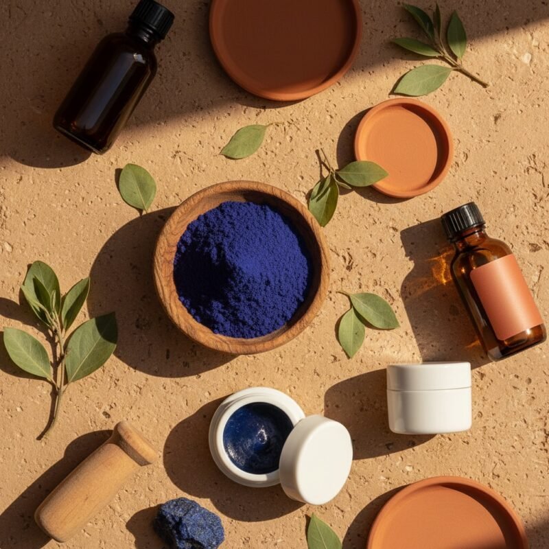 Nila indigo powder in wooden bowl