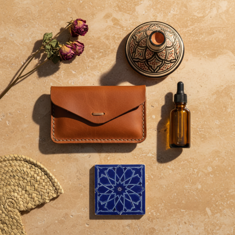 Curated Moroccan goods flat-lay — leather, argan oil, tagine, zellige tile, basket