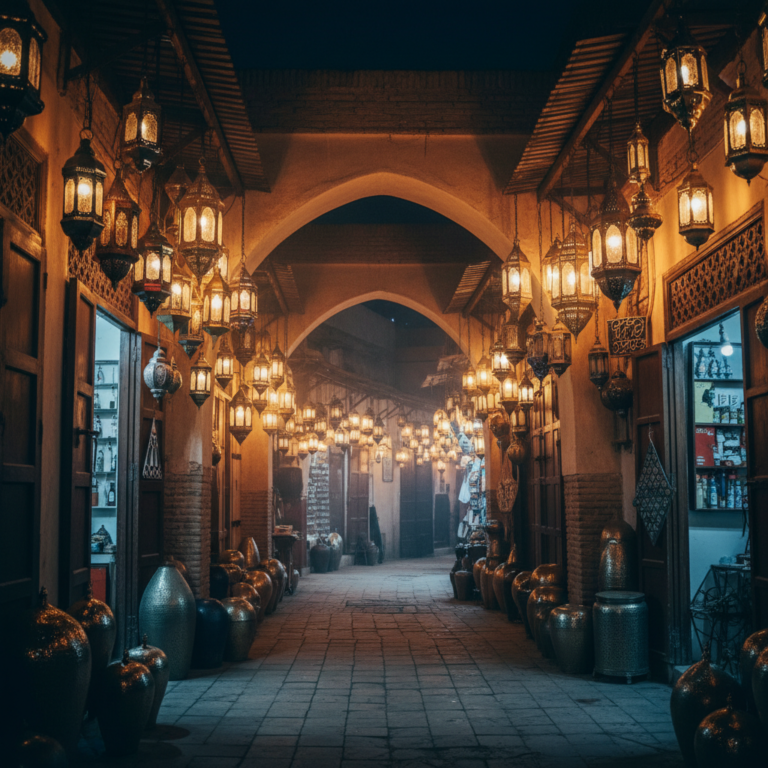 Marrakech medina souk at dusk with glowing brass lanterns — Souk Atlas