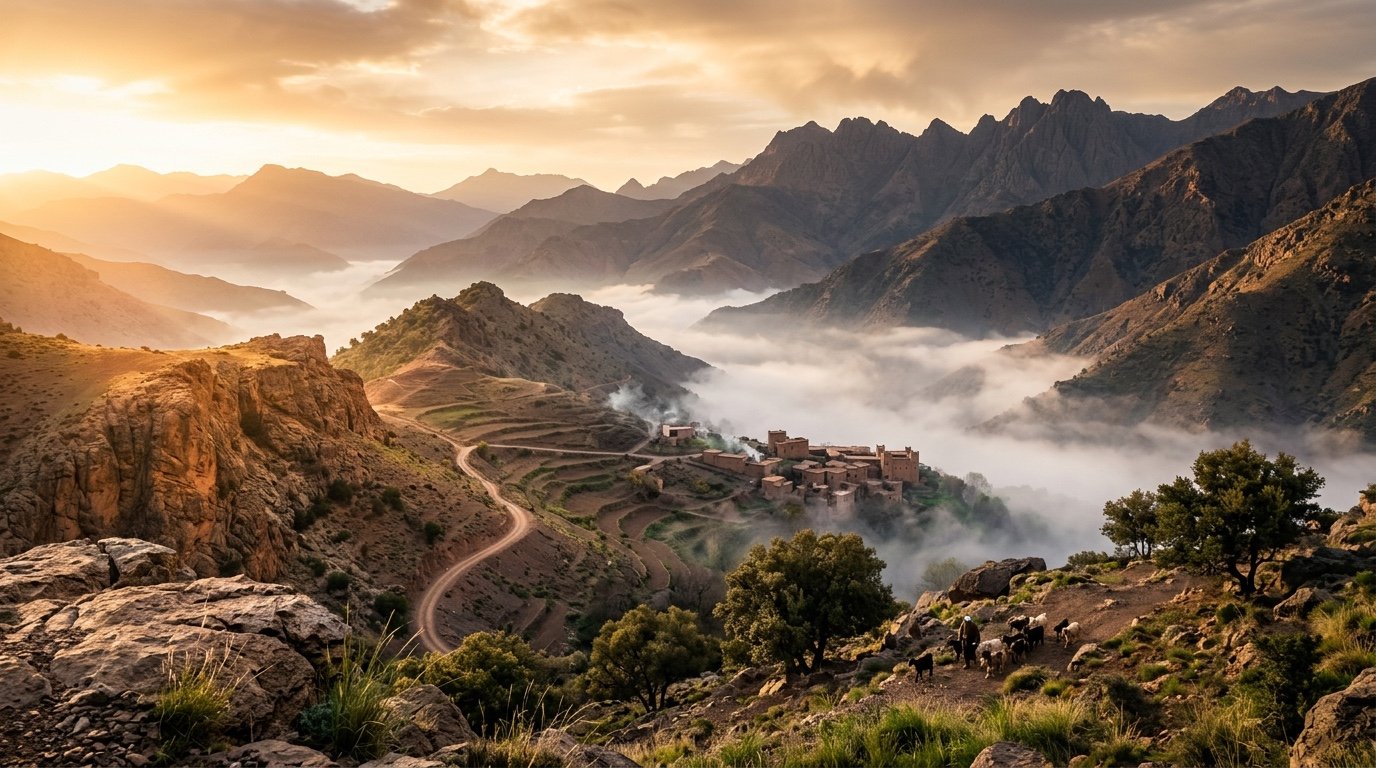 High Atlas Mountains village at golden hour