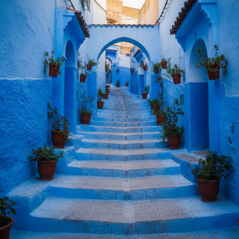 Blue-painted staircase alley with terracotta pots in Chefchaouen, Morocco