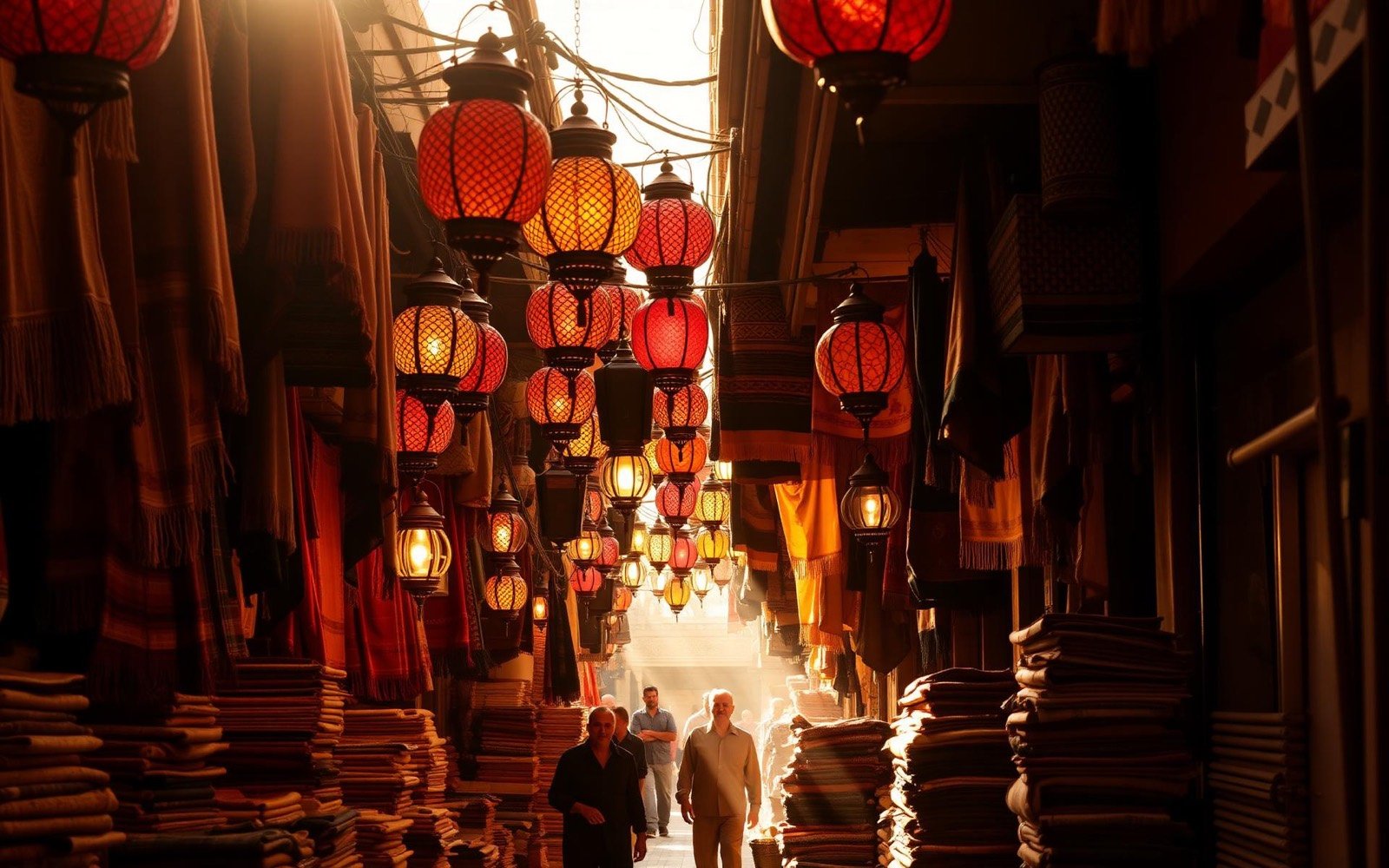 Marrakech medina souk with lanterns and rugs