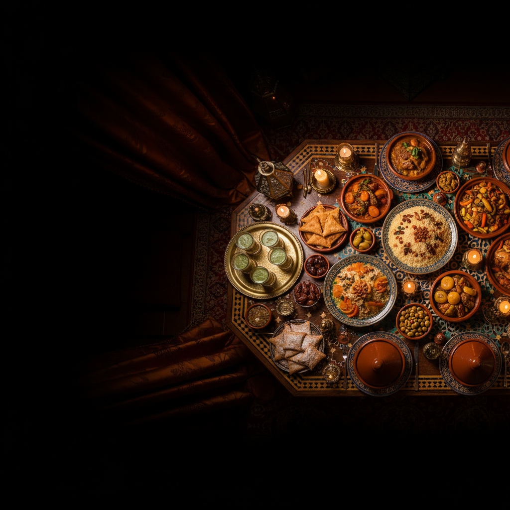 Moroccan feast table with tagine and mint tea