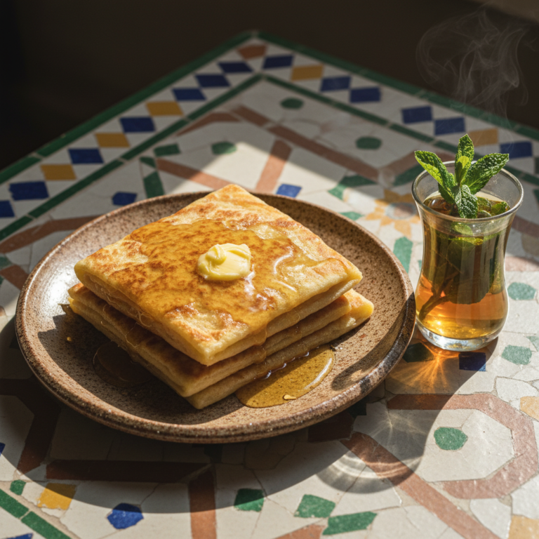 Moroccan msemen square flatbread pancakes stacked with honey and mint tea