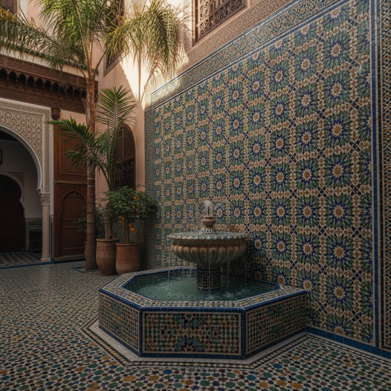 Intricate Moroccan zellige mosaic tile wall and fountain in a Marrakech riad